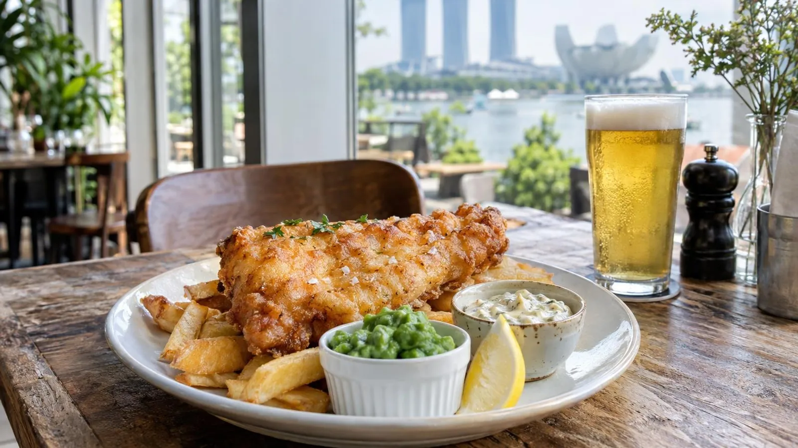 A golden beer-battered fish and chips plate with tartar sauce and a lemon wedge at a bright modern Singapore eatery