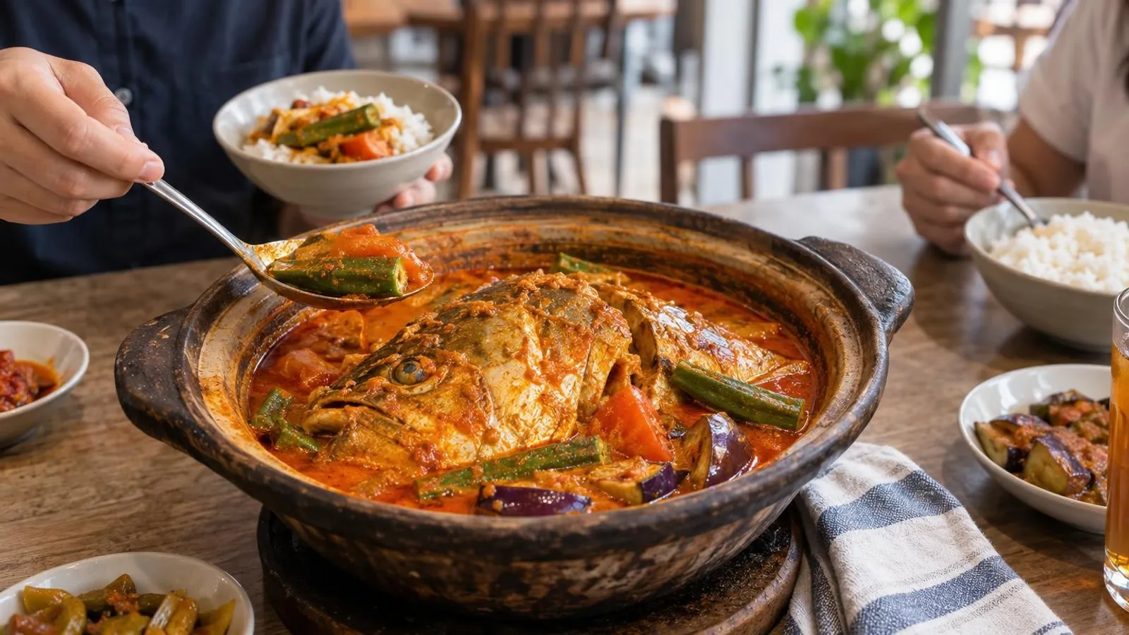 A claypot of red Singapore fish head curry with okra and eggplant