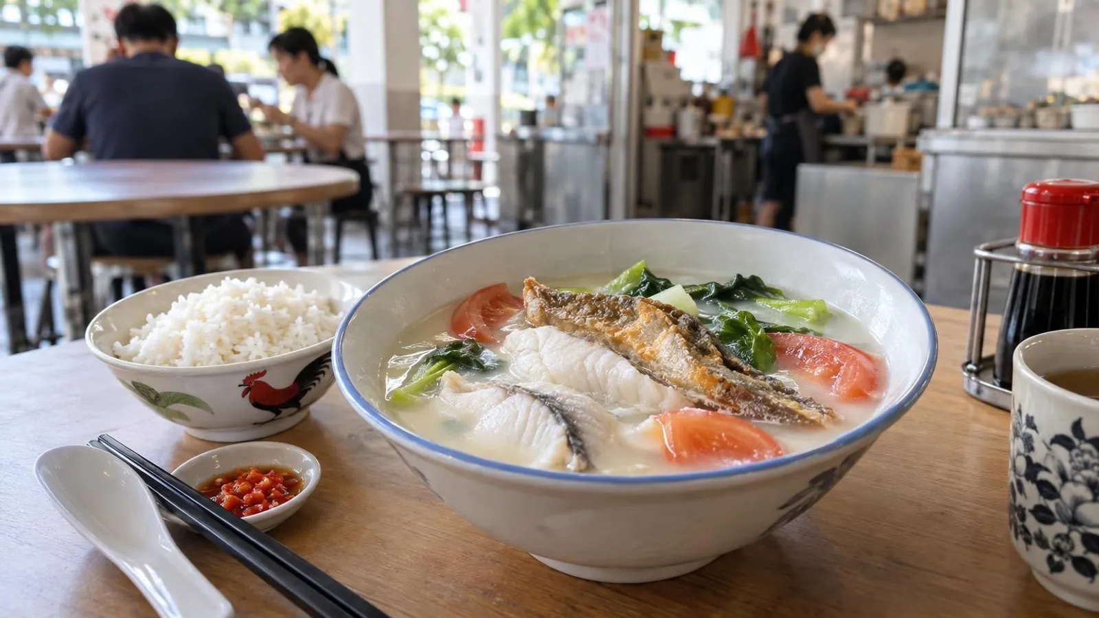A bowl of sliced fish soup with fried fish and tomato in milky broth with rice at a Singapore hawker centre