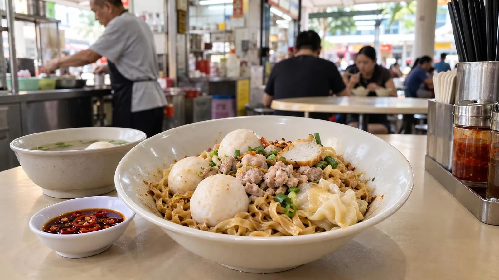 A bowl of dry mee pok fishball noodles with minced meat in Singapore