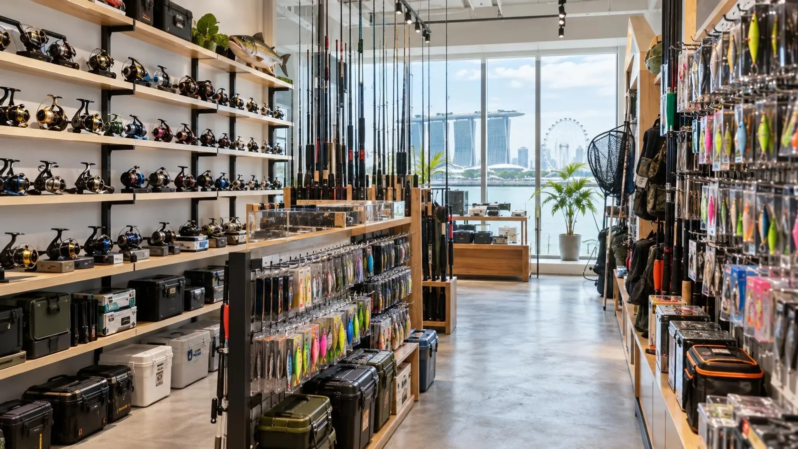 A fishing tackle shop in Singapore with rows of rods, reels and colourful lures on display