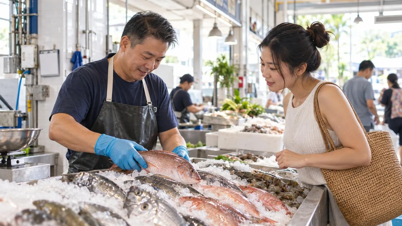 Fishmongers: a customer and a provider in a bright, modern setting