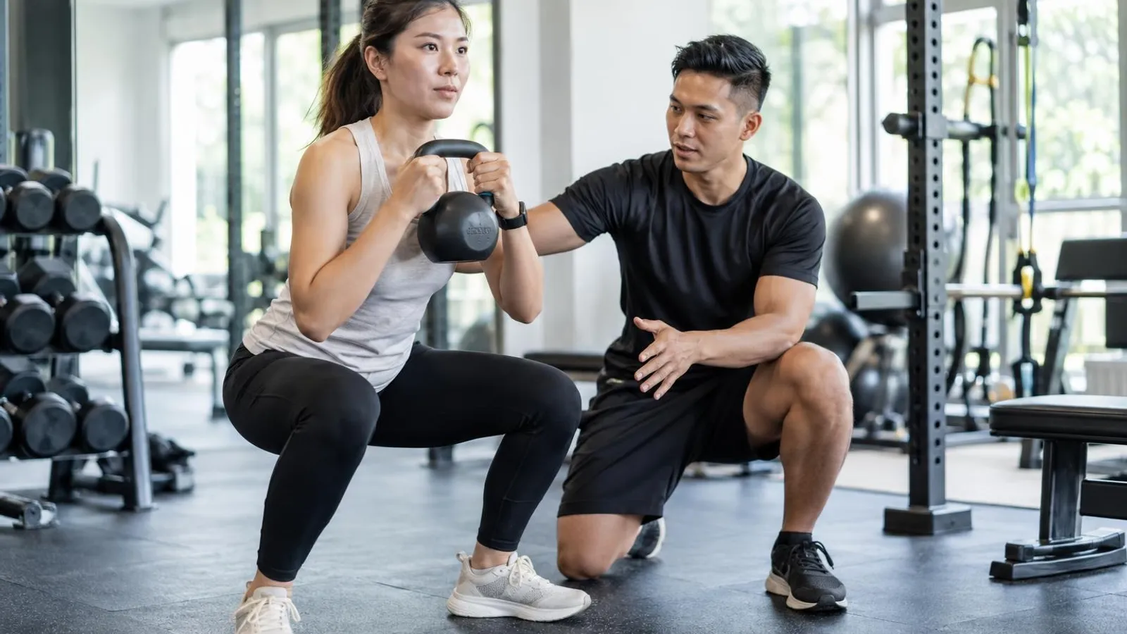 Personal Trainer and Fitness Instructor Courses: a customer and a provider in a bright, modern setting