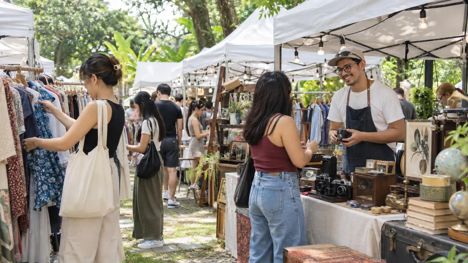 Shoppers browsing clothes and vintage items at flea market stalls under white canopies