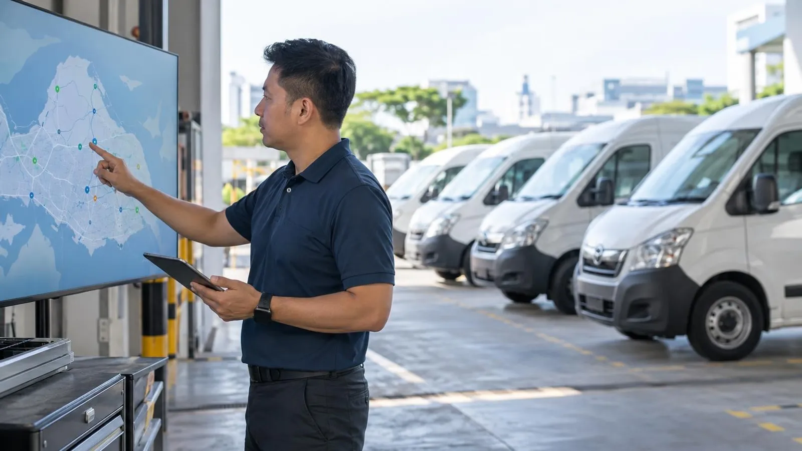 A fleet manager reviewing an abstract map on a large monitor beside a row of white vans in a bright depot