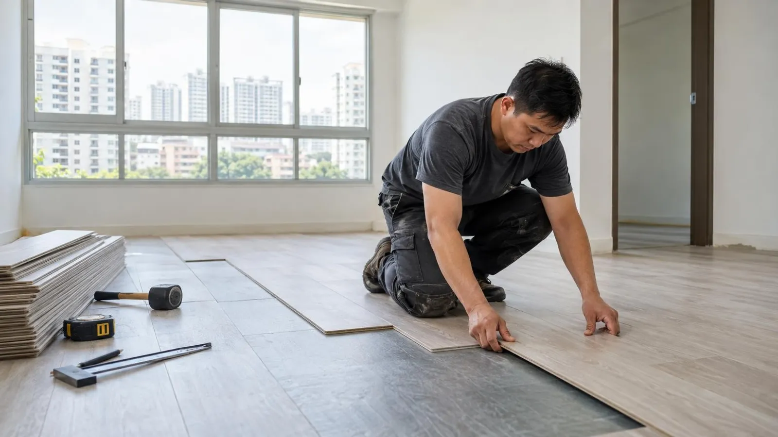 A flooring installer laying timber-look planks across a bright HDB living-room floor