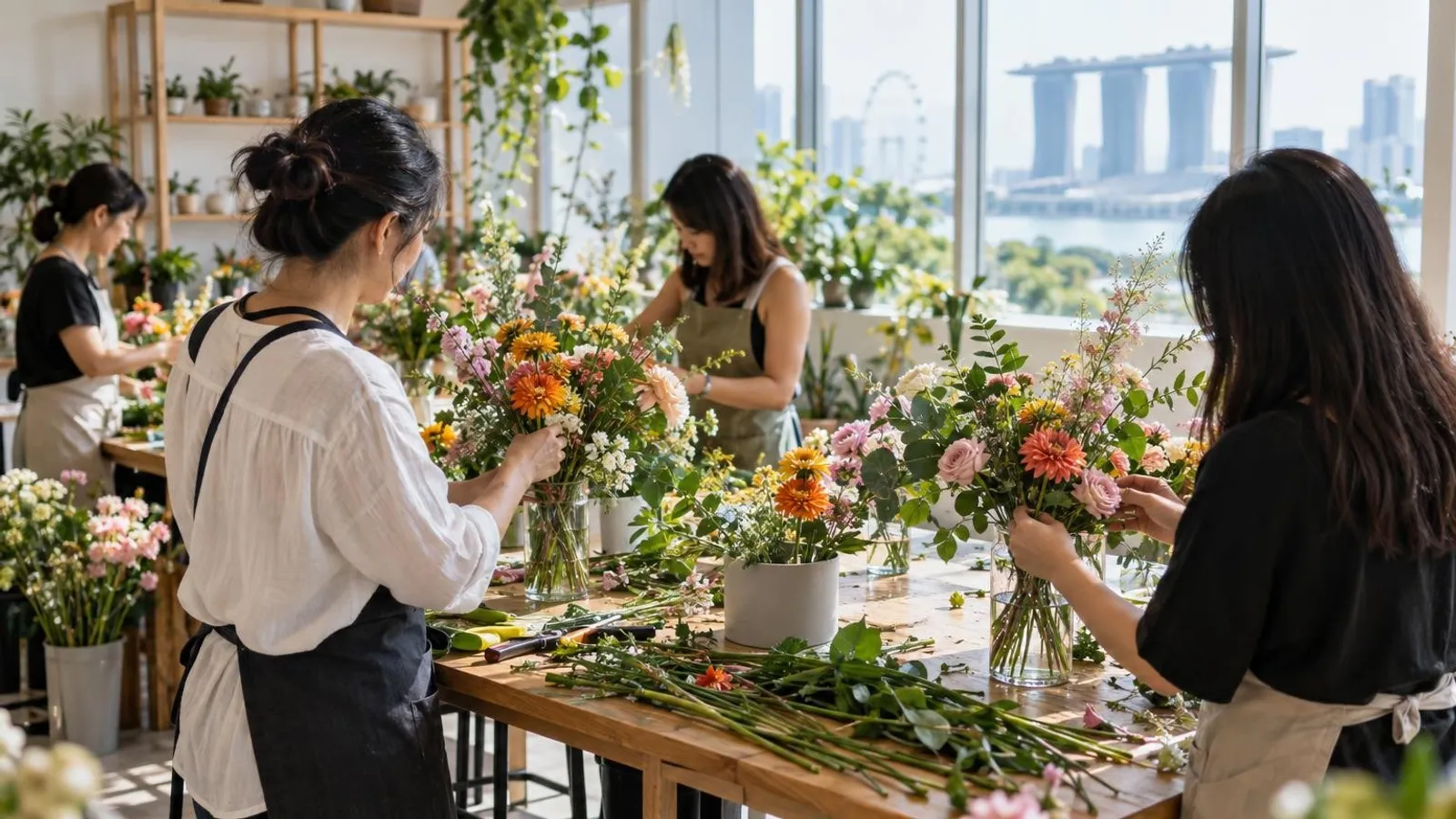 Participants arranging fresh flowers at a worktable full of blooms in a bright Singapore studio