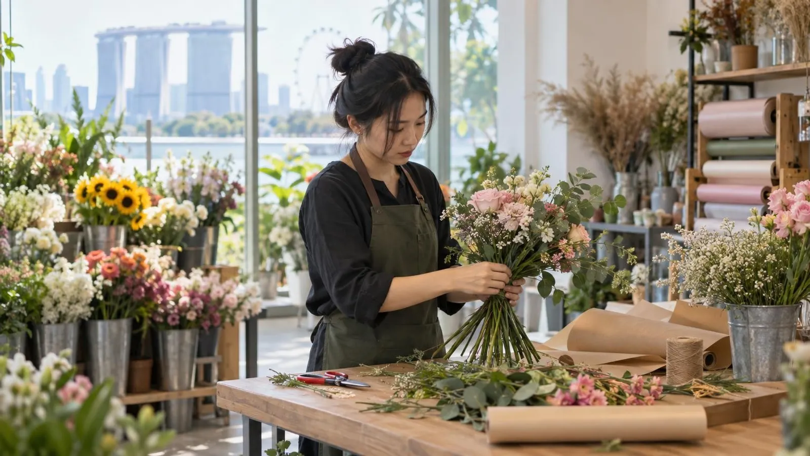 A florist arranging a fresh bouquet at a workbench in a bright Singapore flower shop