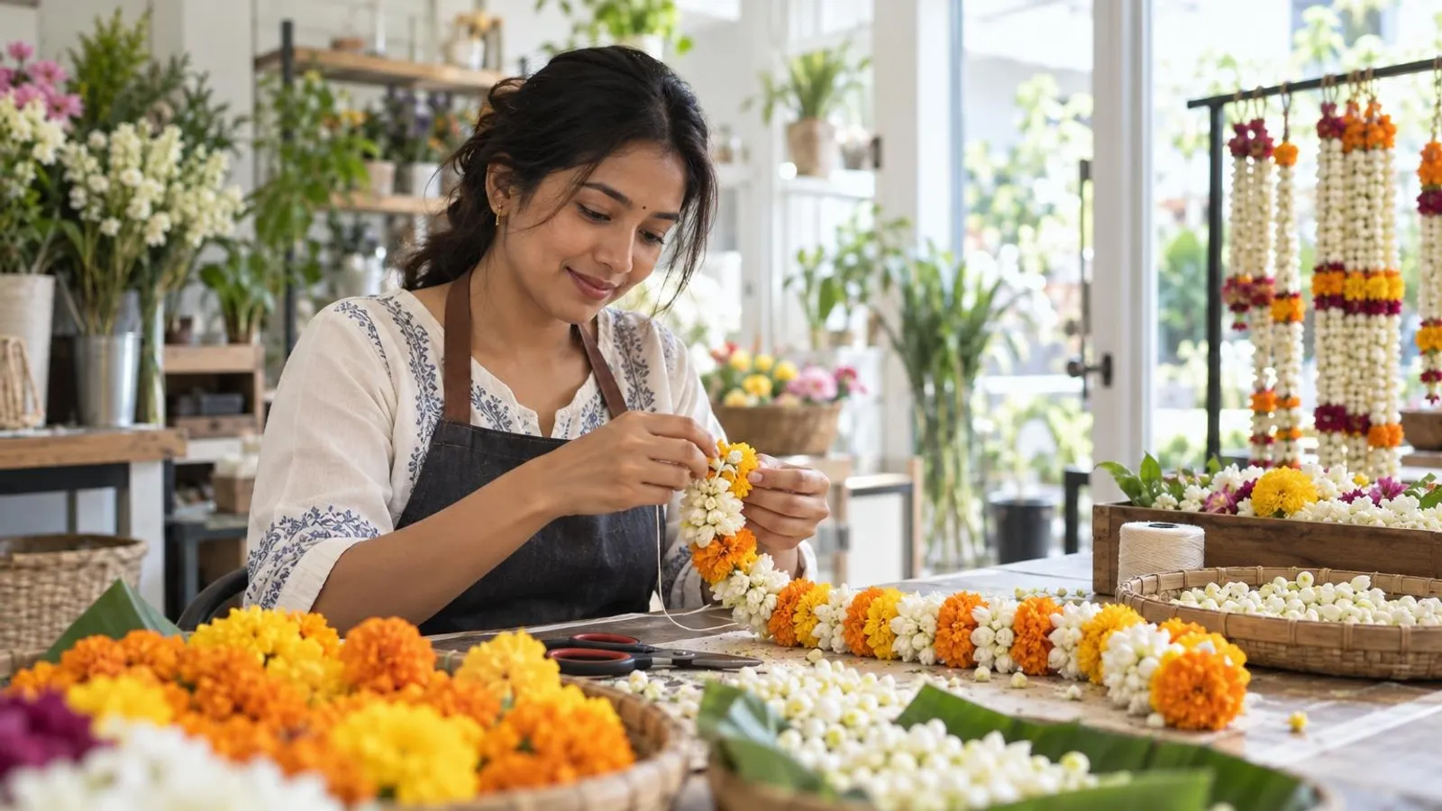 Flower Garland Makers: a customer and a provider in a bright, modern setting
