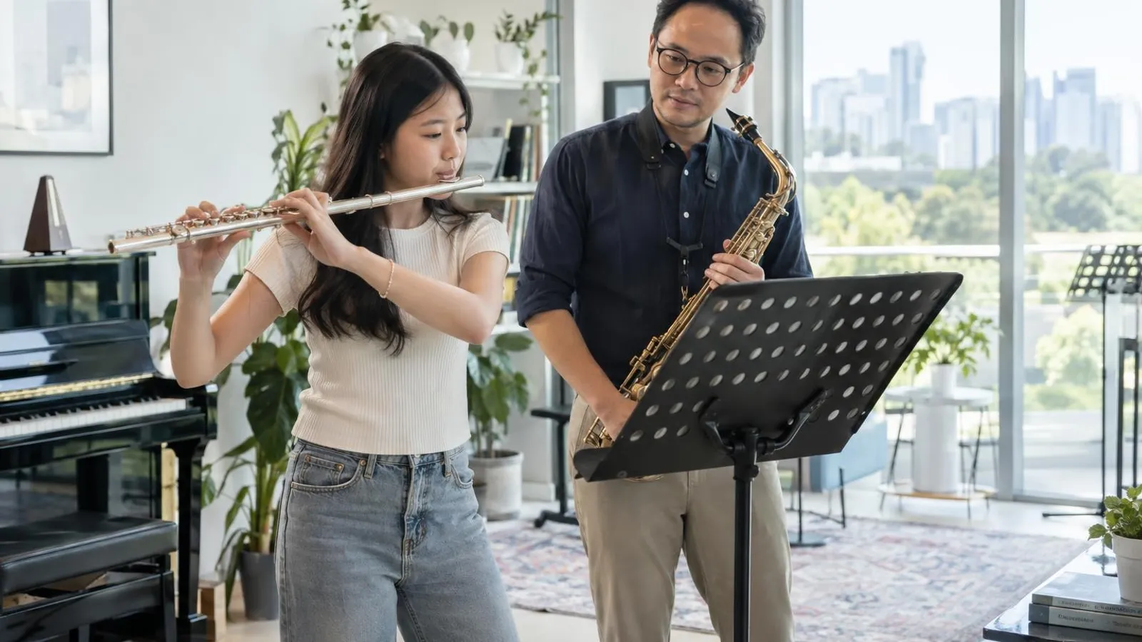 A young woman playing the flute beside a teacher holding a saxophone in a bright music studio
