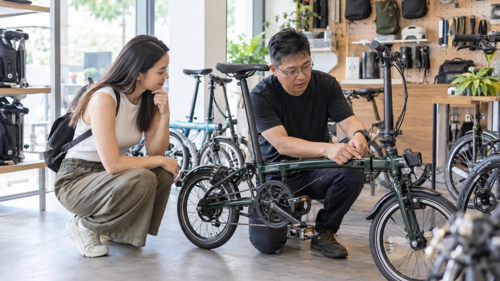 Folding Bike Shops: a customer and a provider in a bright, modern setting