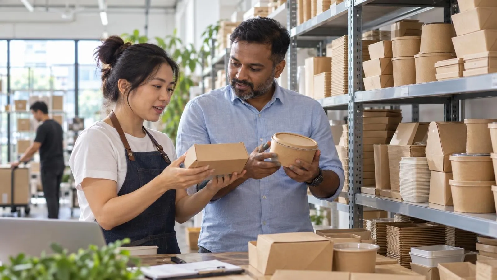 Food Packaging and Takeaway Container Suppliers: a customer and a provider in a bright, modern setting