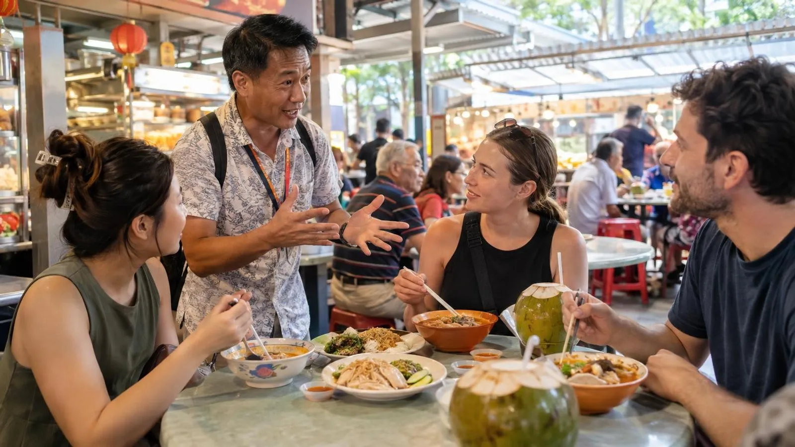 A guide and tourists tasting local dishes on a hawker-centre food tour in Singapore