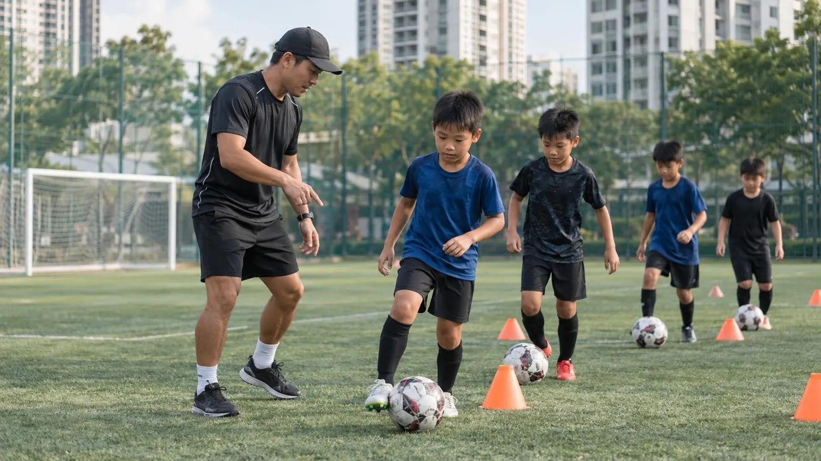 A football coach running a cone dribbling drill with kids on a Singapore grass pitch