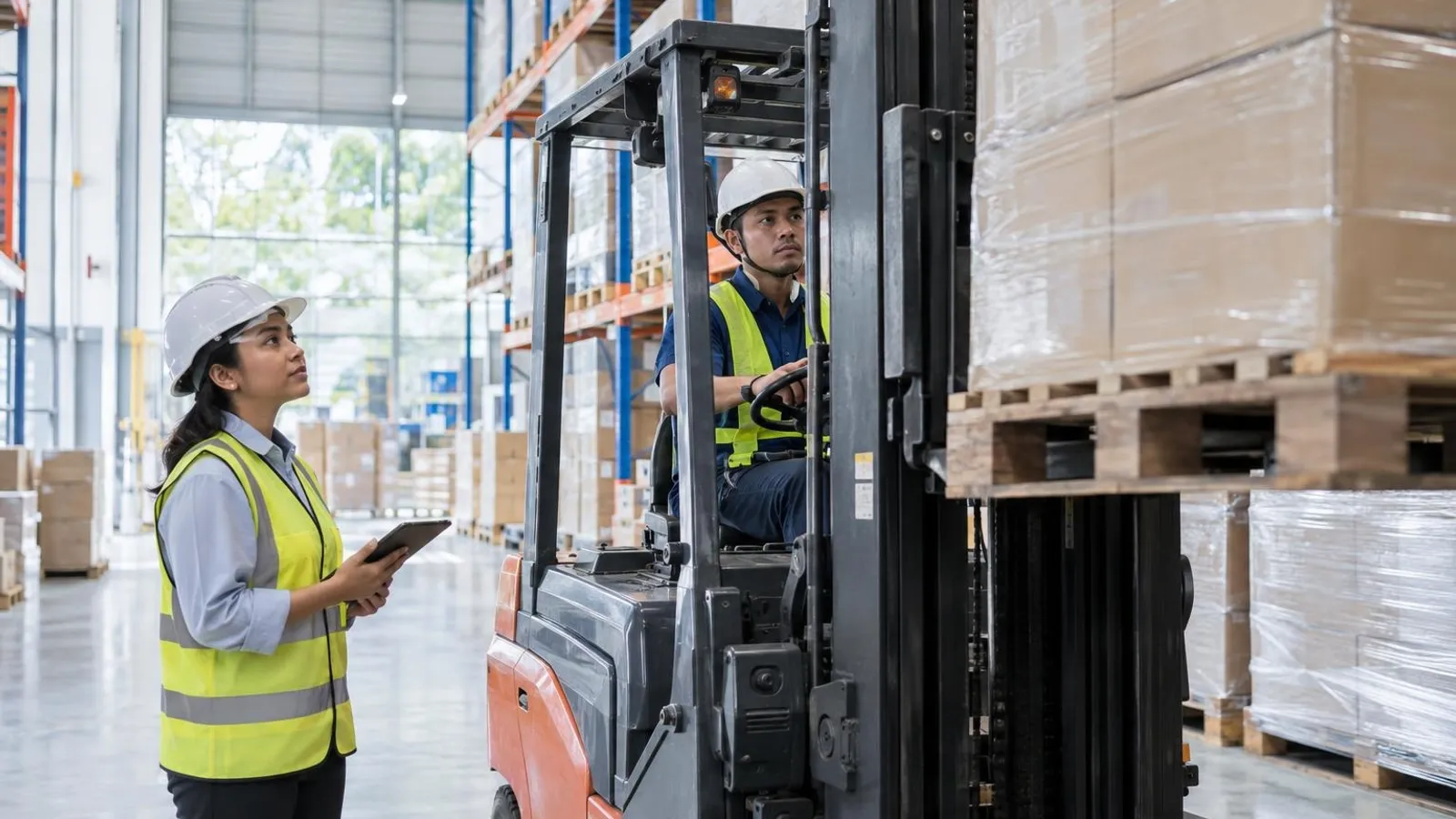 A forklift operator lifting a pallet in a warehouse aisle while a supervisor watches
