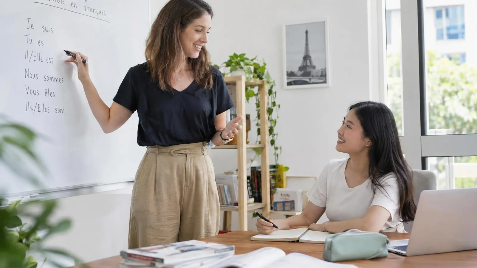 French Classes: a customer and a provider in a bright, modern setting