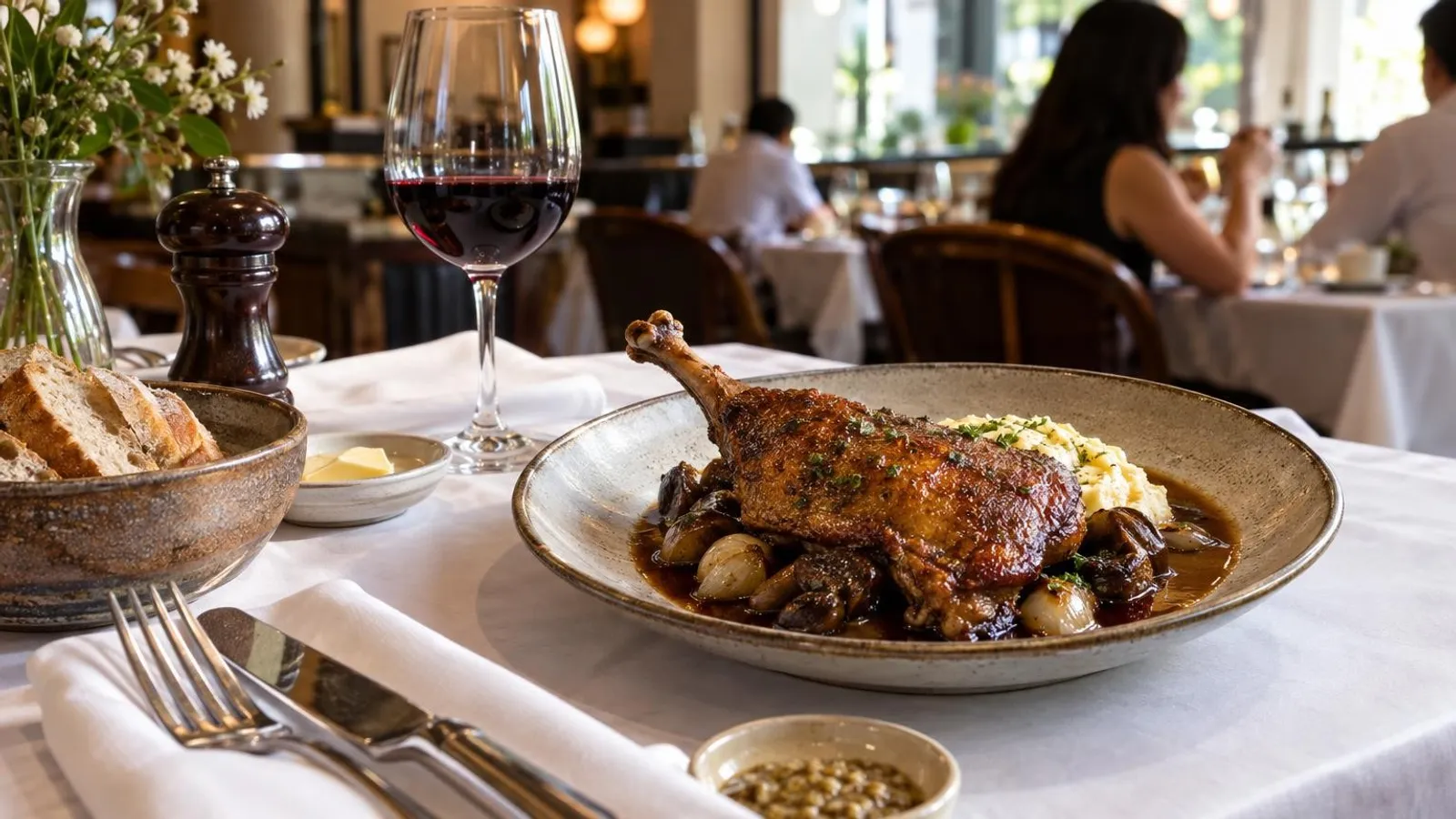 An elegant French main course plated with sauce and a glass of red wine at a Singapore restaurant