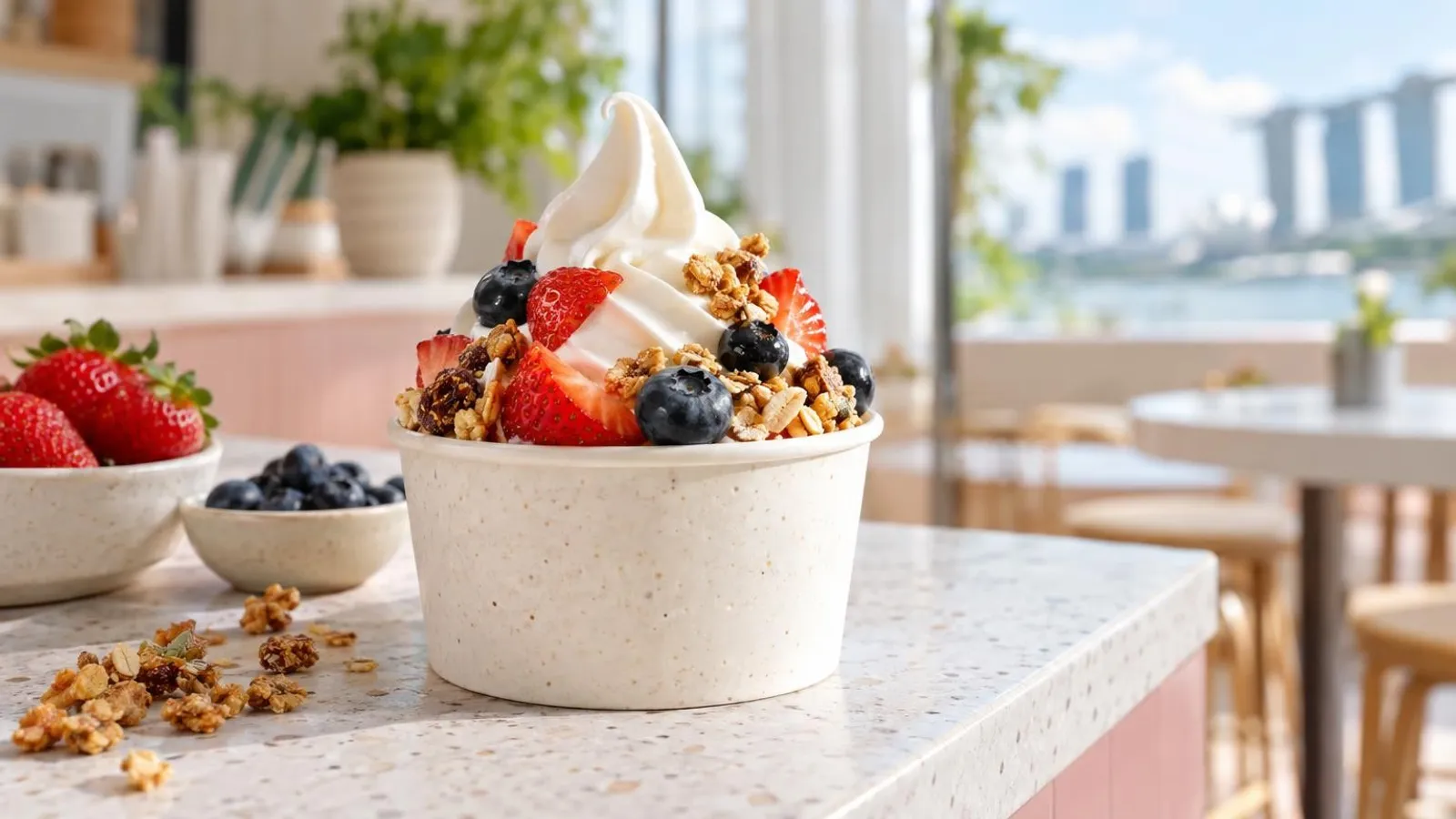 A swirl of soft-serve frozen yogurt in a cup topped with fresh strawberries, blueberries and granola on a bright counter