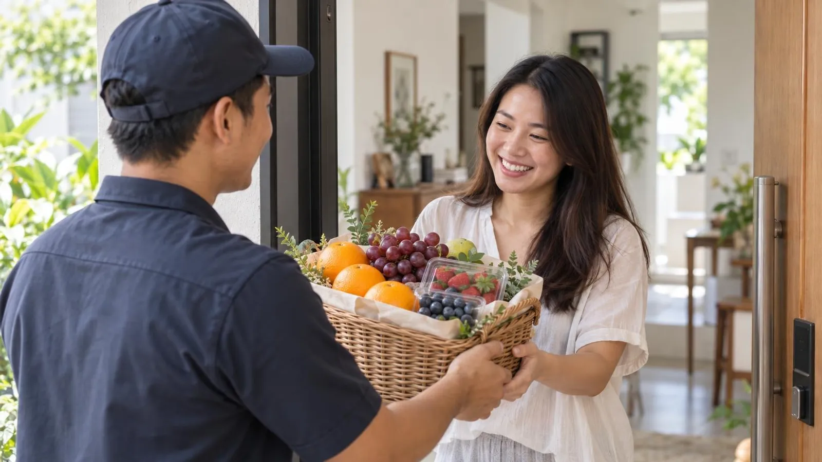 Fruit Delivery Services: a customer and a provider in a bright, modern setting