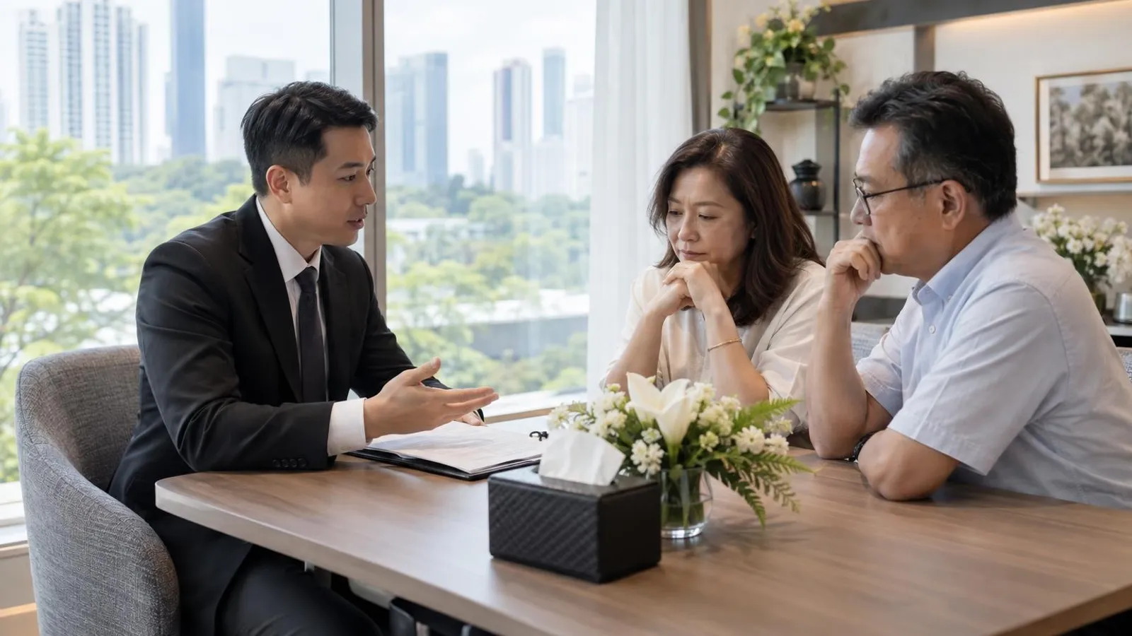 A funeral director speaking gently with a family at a table in a quiet bright office