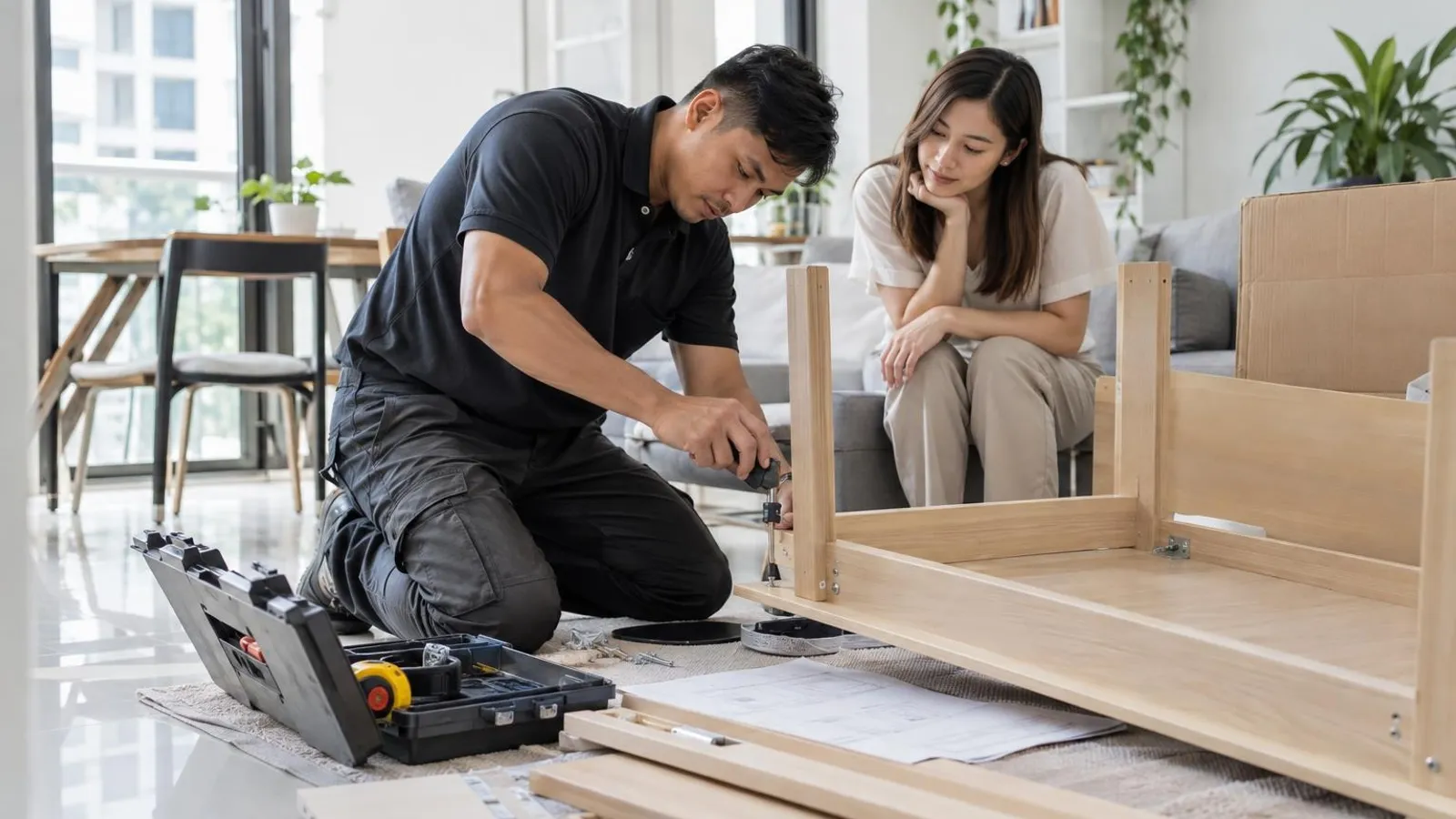 Furniture Assembly Services: a customer and a provider in a bright, modern setting