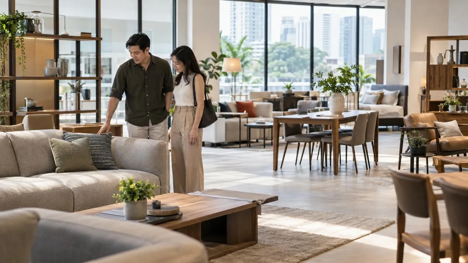 A bright modern furniture showroom in Singapore with sofas and dining sets on display