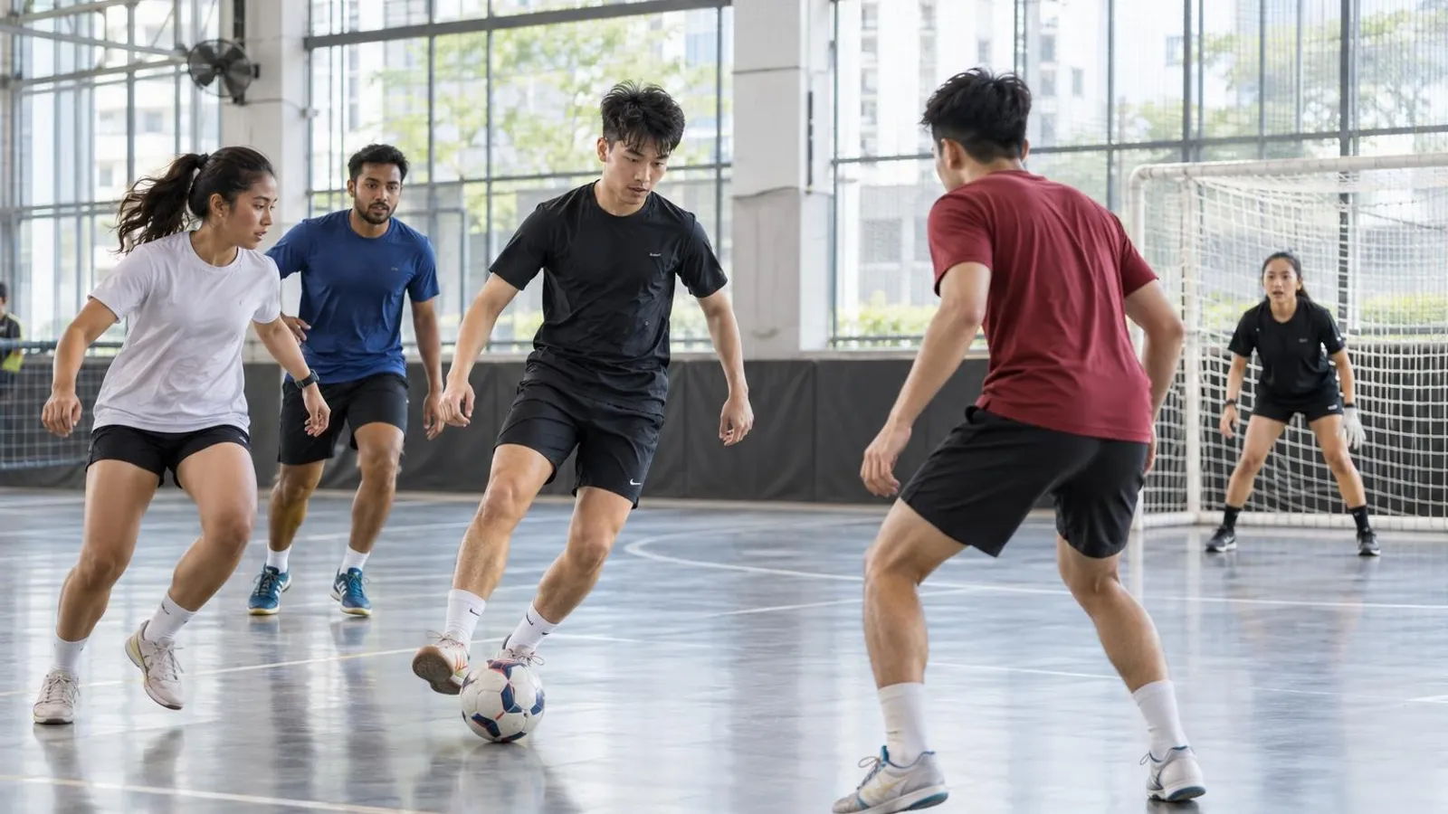 Players in a five-a-side futsal match on a bright indoor court