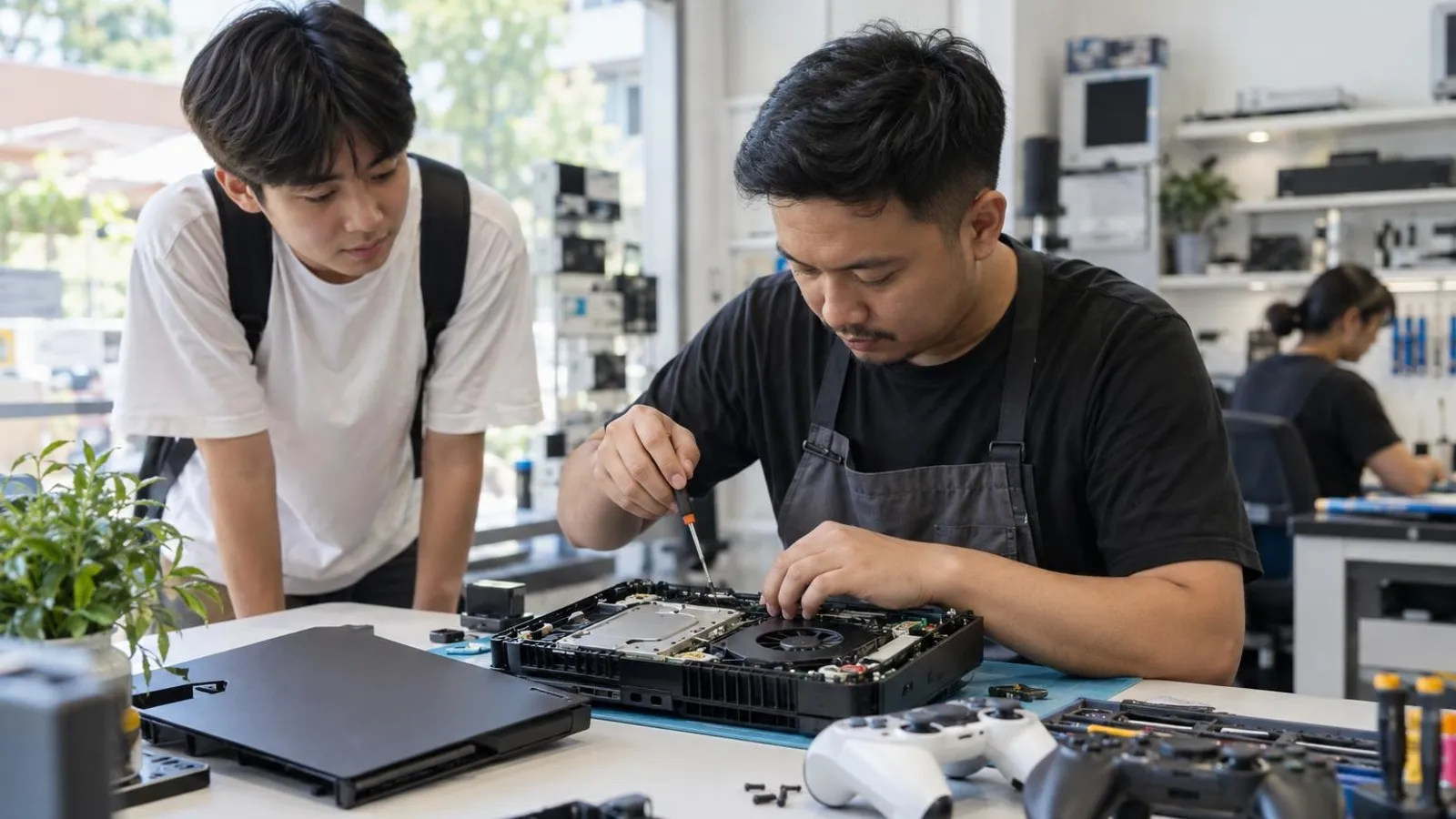 A technician repairing a game console on a bright tidy workbench with controllers beside it and a young customer watching