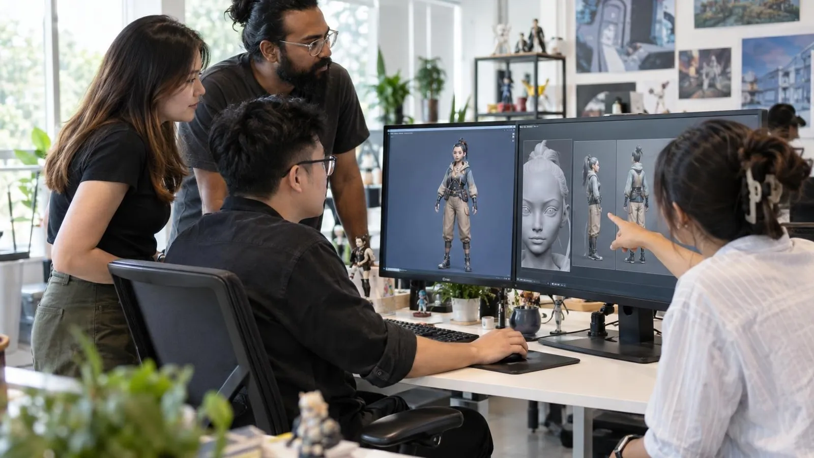 A small team of game developers reviewing a character model on large monitors in a bright creative studio