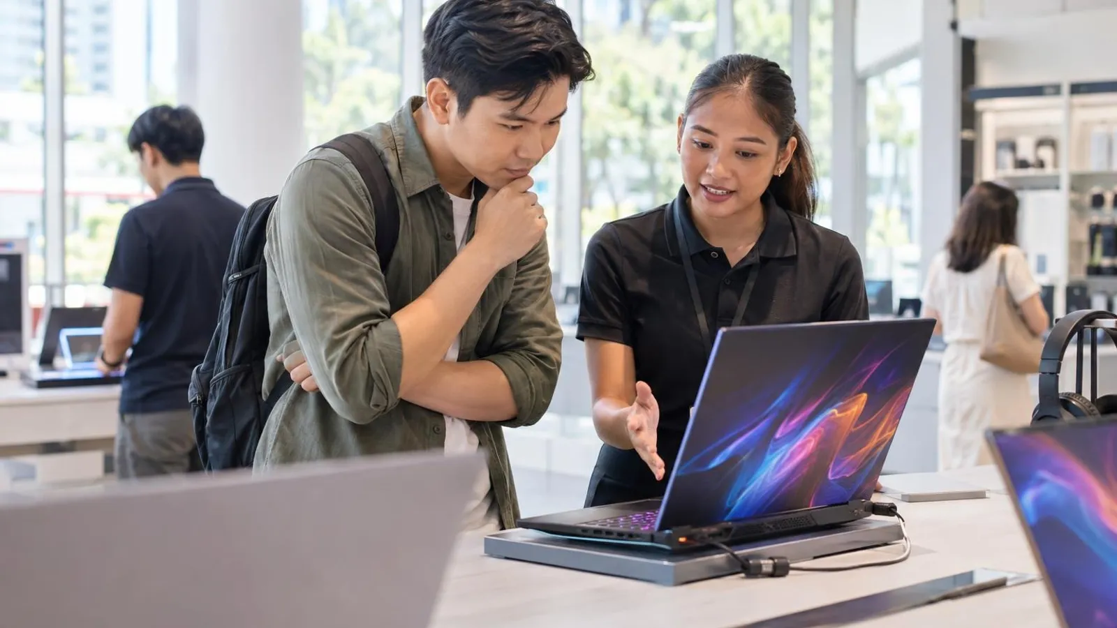 A customer looking at a gaming laptop in a bright electronics shop while an assistant helps