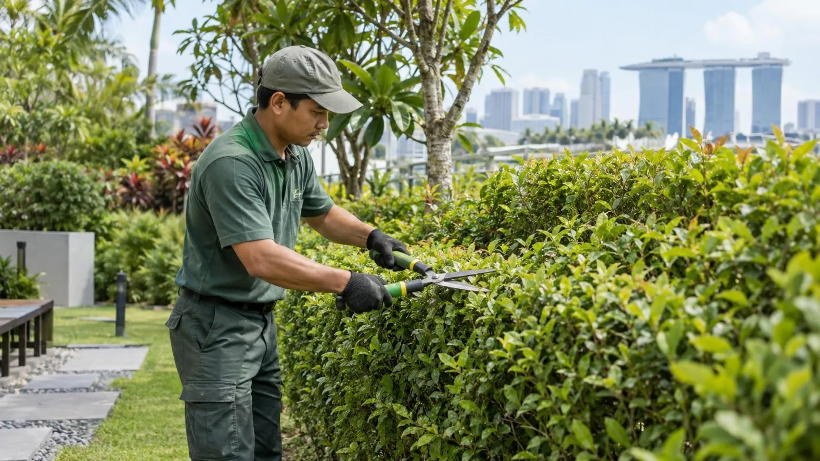 A gardener trimming a hedge with shears in a lush Singapore garden