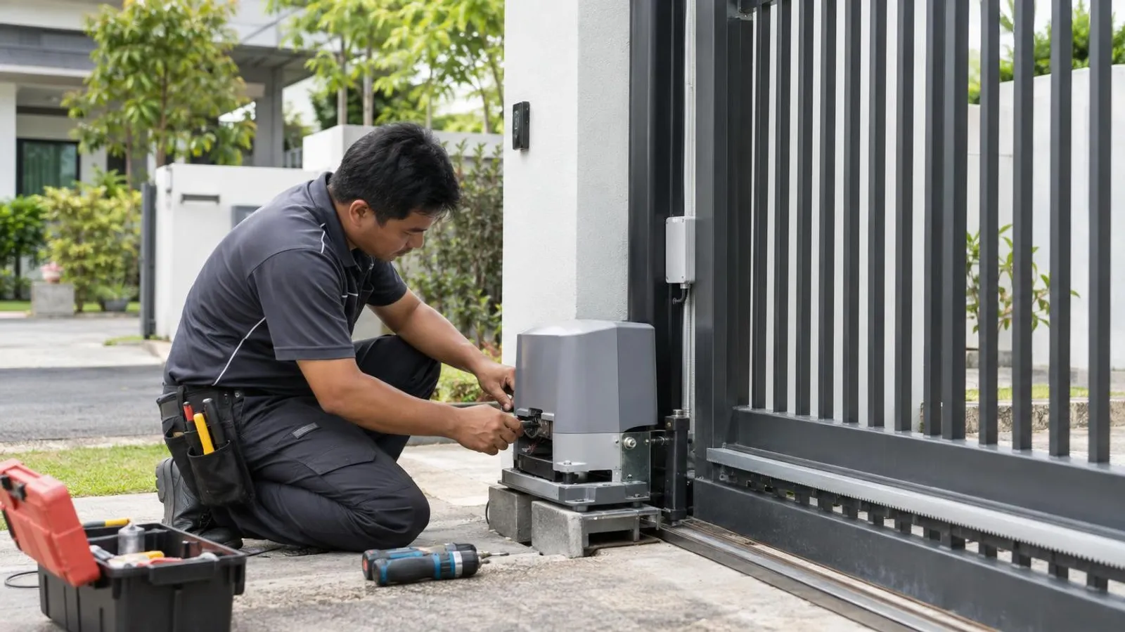 A technician installing an automatic sliding-gate motor at a Singapore home