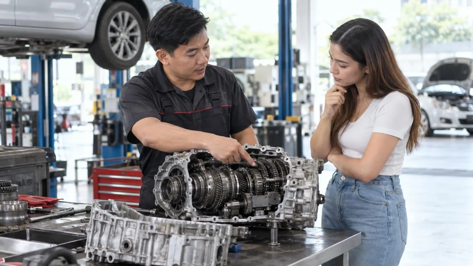 A mechanic explaining an open automatic gearbox to a customer in a clean workshop