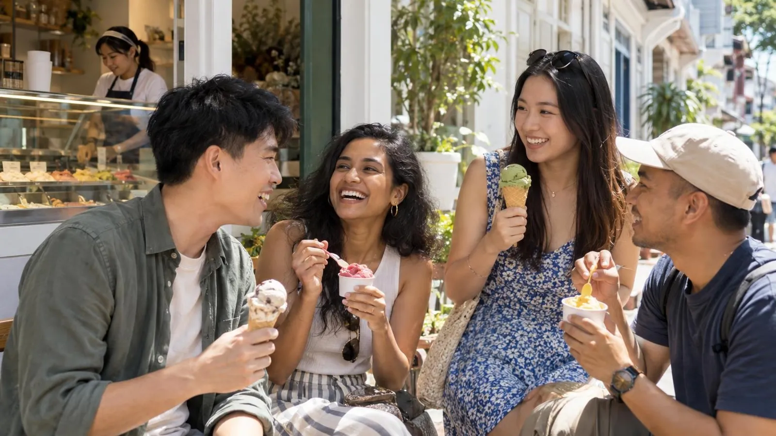 Friends enjoying scoops of gelato at a bright Singapore gelateria