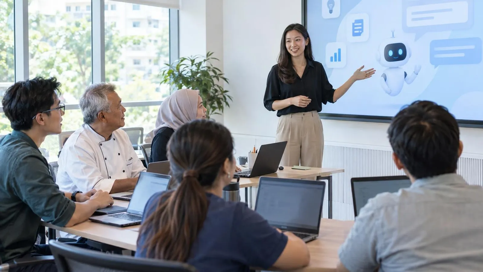 Adult learners using laptops while an instructor demonstrates an AI assistant on a large screen in a bright training room