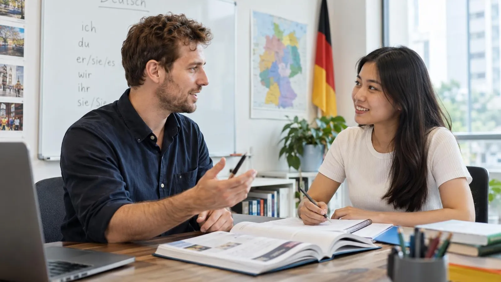 German Classes: a customer and a provider in a bright, modern setting