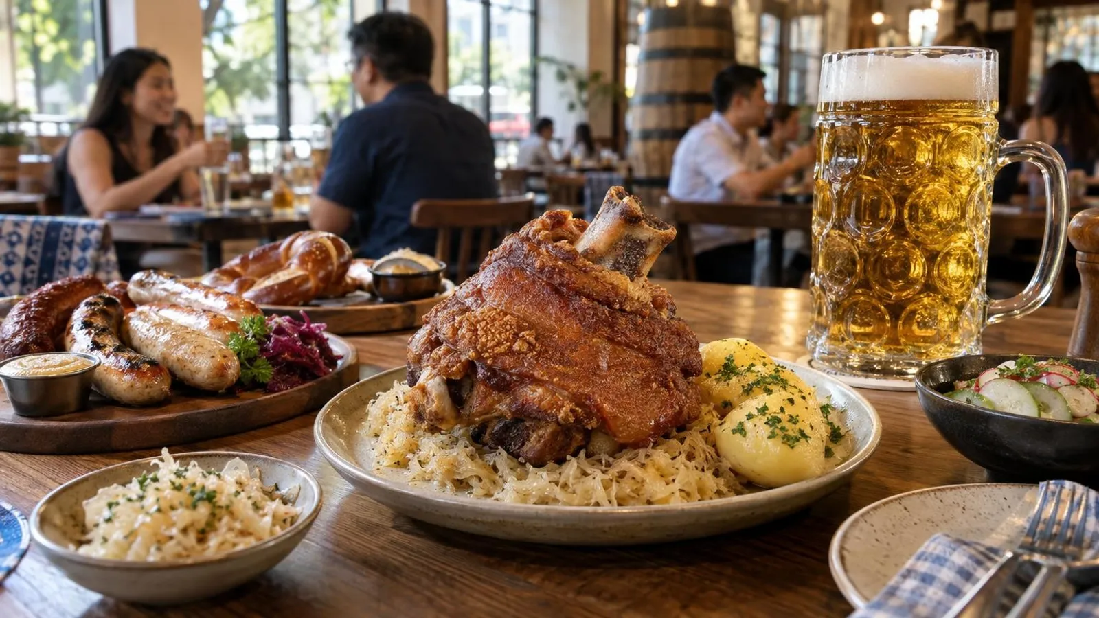 A hearty German meal of roasted pork knuckle, sausages and beer at a Singapore bier house
