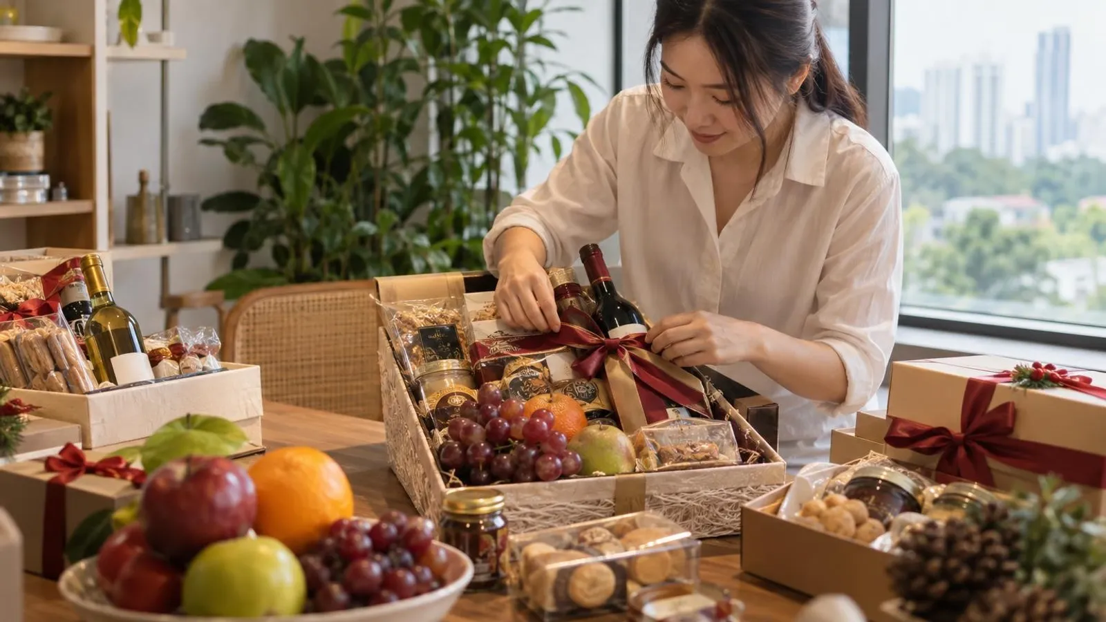 A gourmet gift hamper of wine, fruit and treats being assembled with a ribbon in Singapore