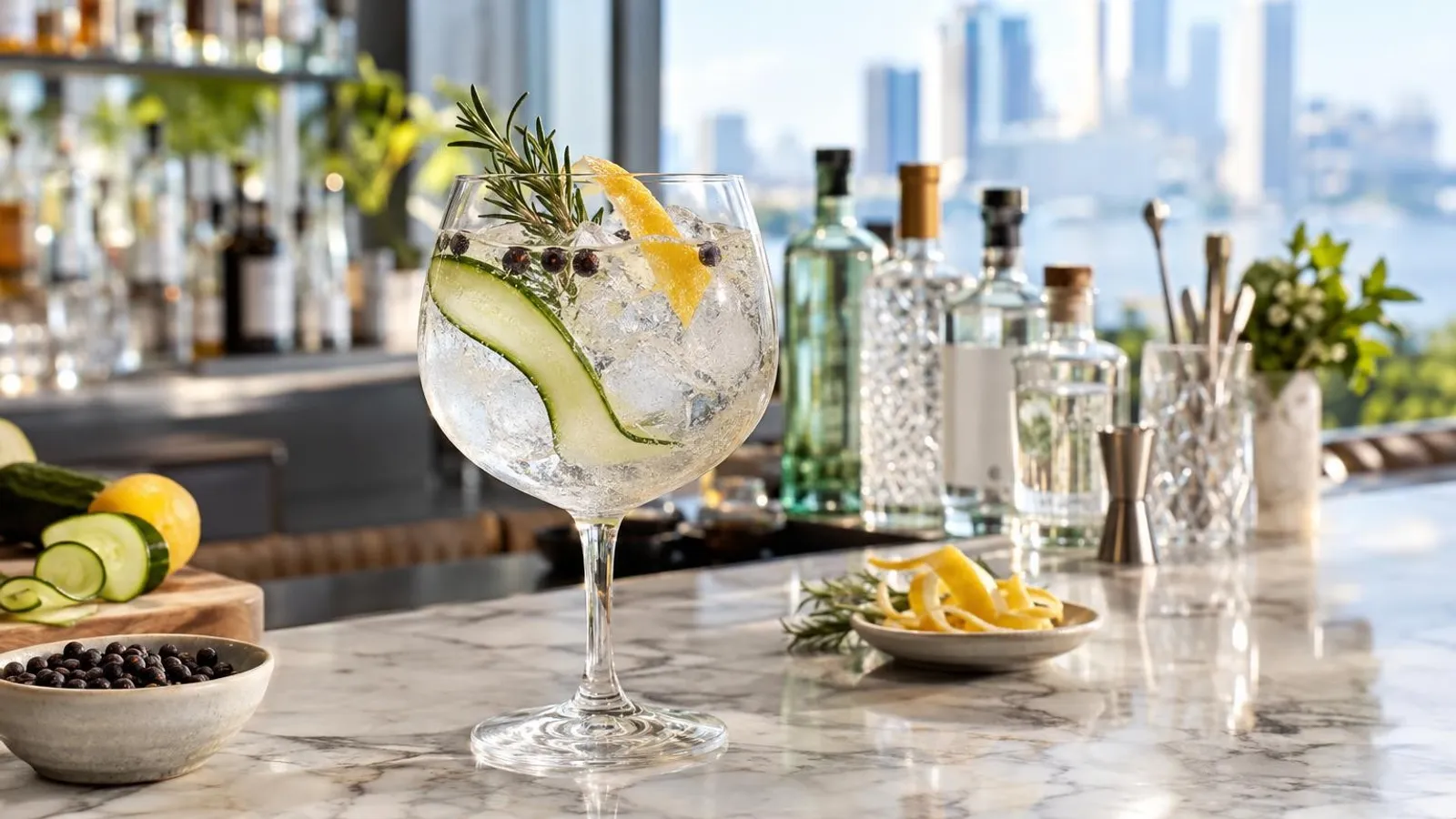A gin and tonic in a balloon glass with botanicals, cucumber and citrus on a bright marble bar with gin bottles softly blurred behind