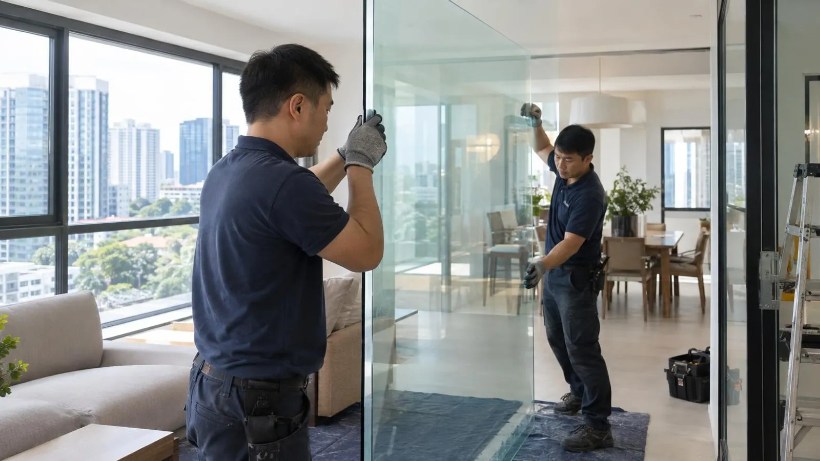 Two glaziers installing a large tempered glass panel in a bright Singapore home
