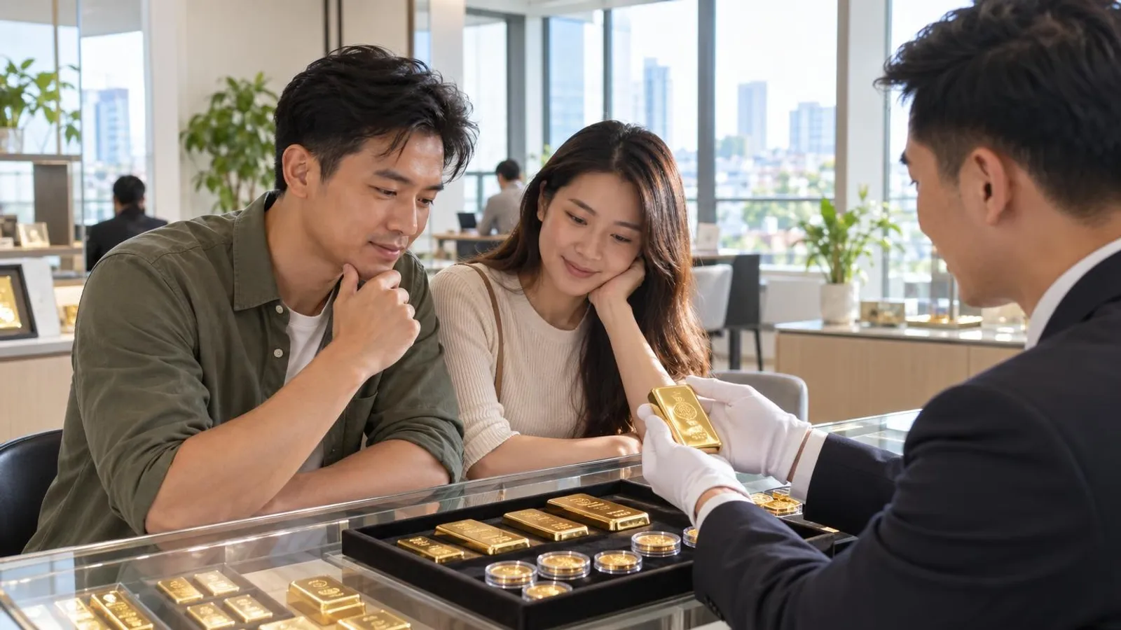 Gleaming gold bars and coins on a counter with a dealer’s gloved hands in a bright modern Singapore bullion shop
