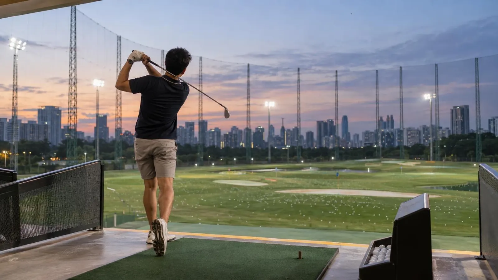 A golfer teeing off at a floodlit Singapore golf driving range at dusk