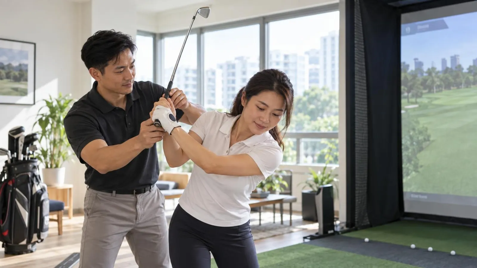 A golf coach guiding an adult student’s swing at an indoor golf simulator studio in bright modern Singapore