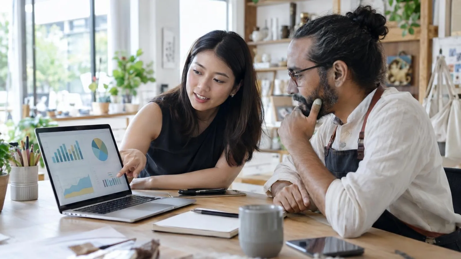 A marketing specialist and a small-business owner reviewing abstract campaign charts on a laptop at a bright modern desk