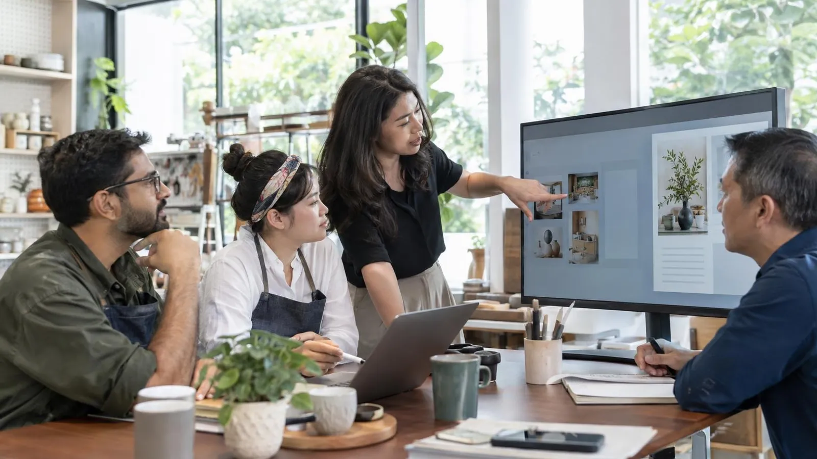 A consultant showing a small-business team how to share and edit documents on a large monitor in a bright office