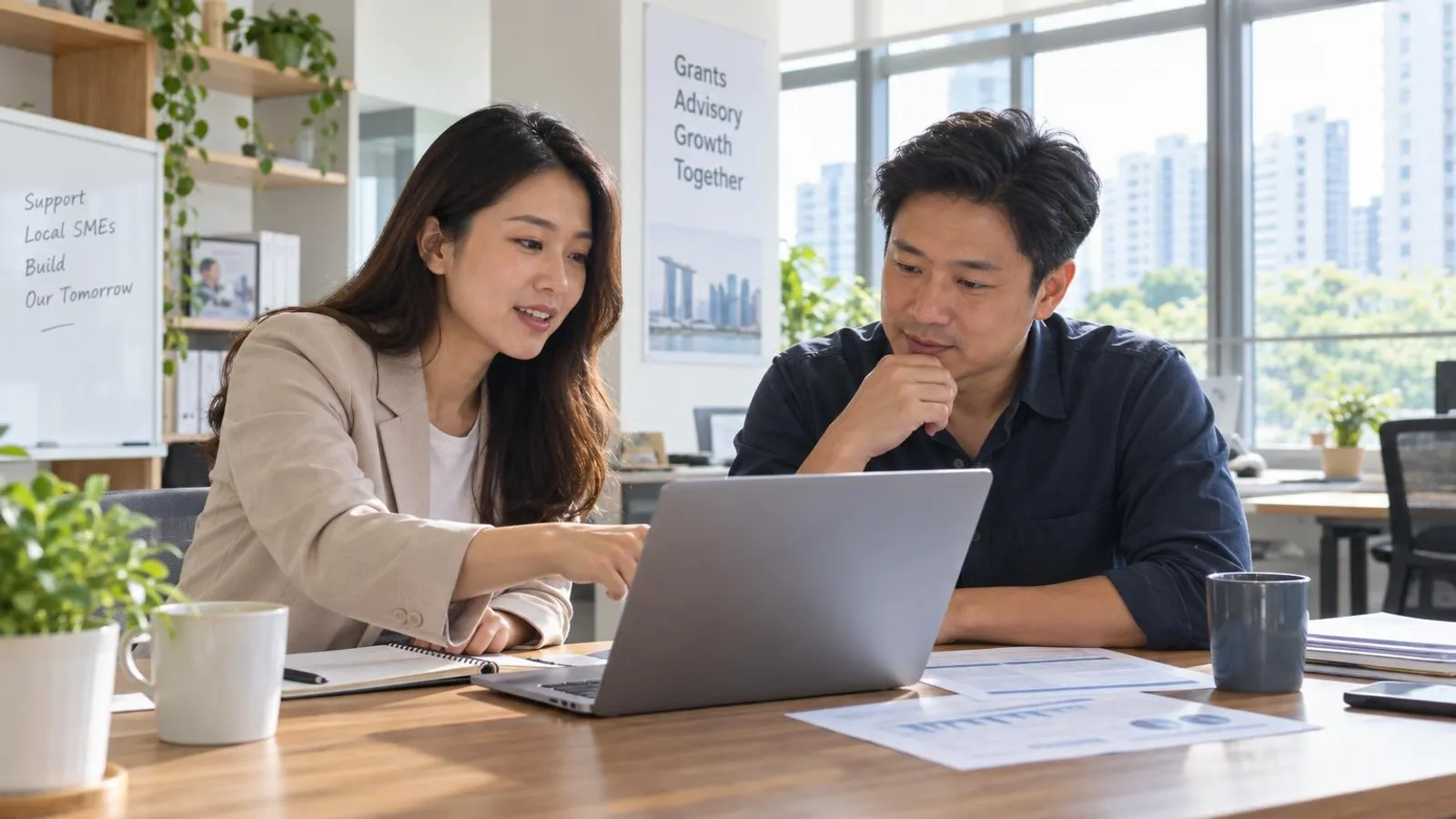 A business consultant explaining a government grant application on a laptop to an SME owner in a bright Singapore office