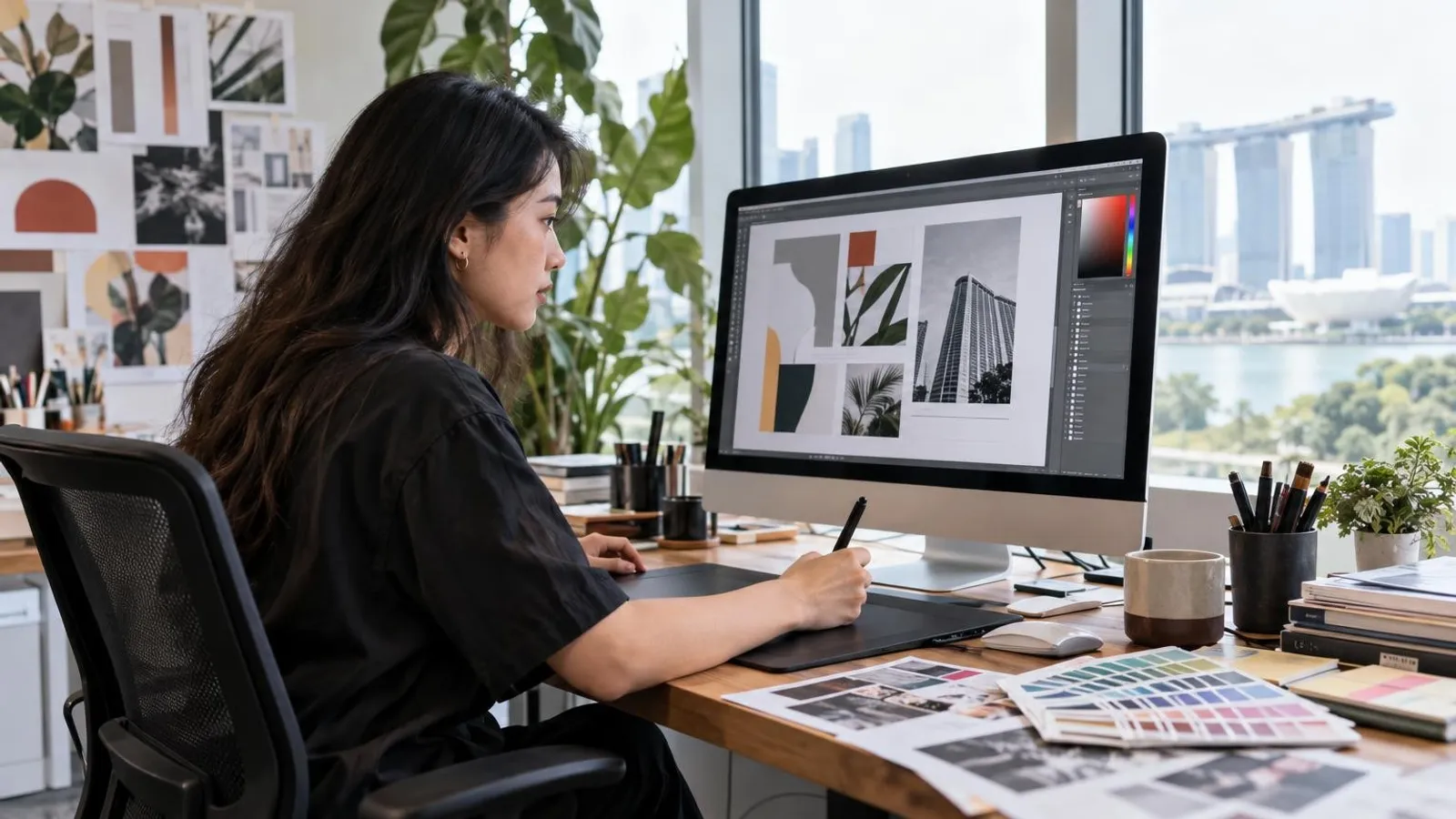 A graphic designer working on a layout with a drawing tablet and colour swatches in Singapore