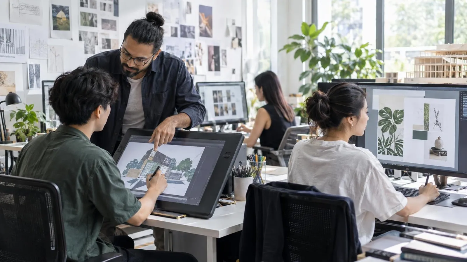 Students working on design layouts with drawing tablets and monitors while a tutor reviews one in a bright studio