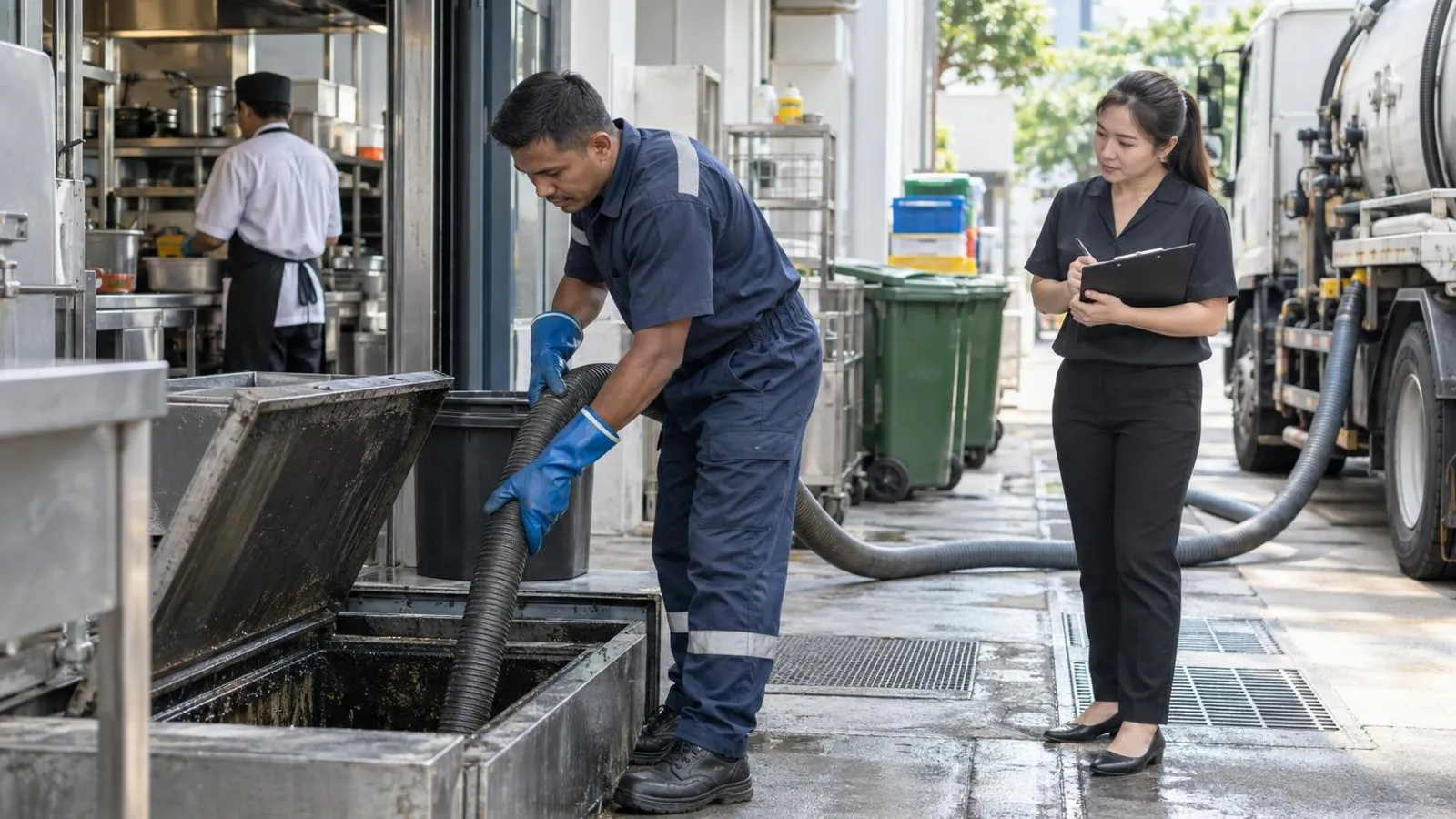 A technician pumping out a grease trap behind a restaurant while a manager checks a clipboard