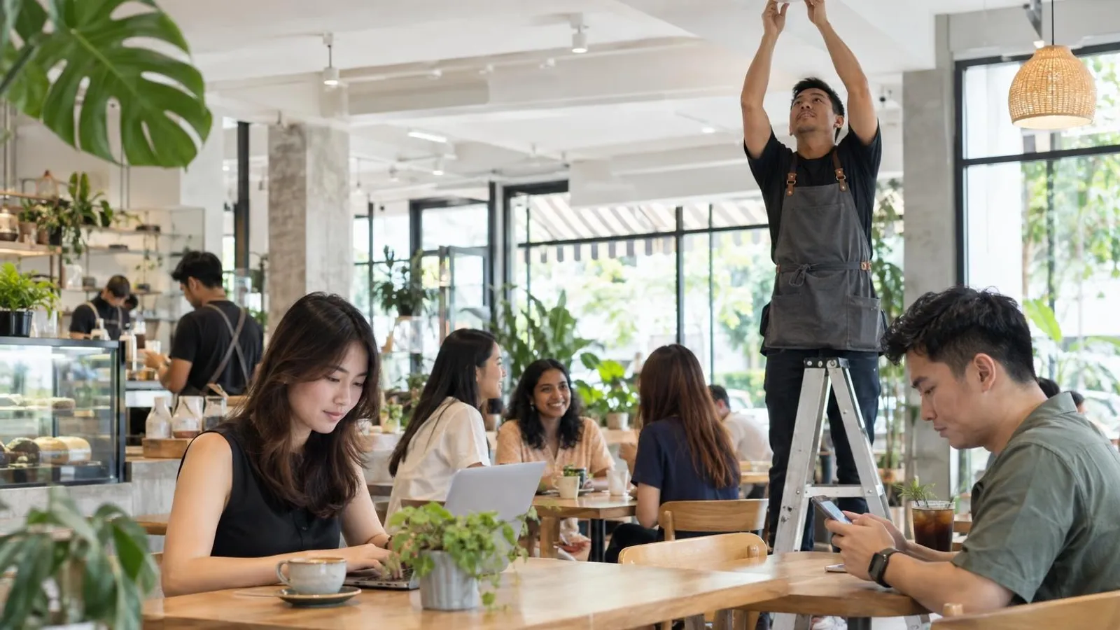 Customers using phones and laptops at a bright modern cafe while a staff member adjusts a wifi access point on the ceiling
